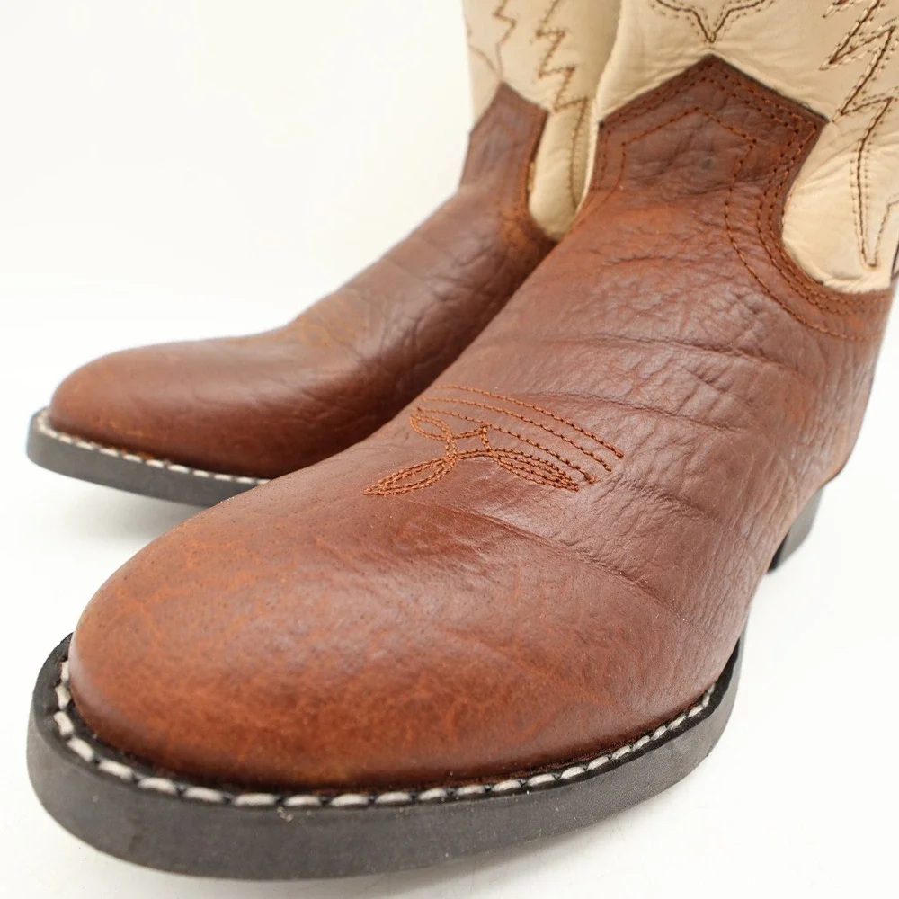 Acme Vintage Cowboy Boots Boys 2 Brown Cream Bullhide Roper NWT Deadstock